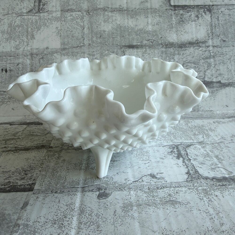 VTG Fenton White Hobnail Milk Glass Footed Ruffled Crimped Tabletop Bowl - Picture 3 of 8